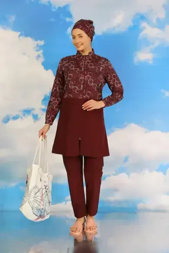 Akbeniz Kadın Pantolonlu Desenli Tam Tesettür Mayo Bordo 31075 - AKBENIZ (1)