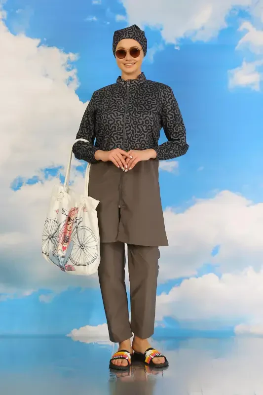 Akbeniz Kadın Pantolonlu Desenli Tam Tesettür Mayo Füme 31074 - 1