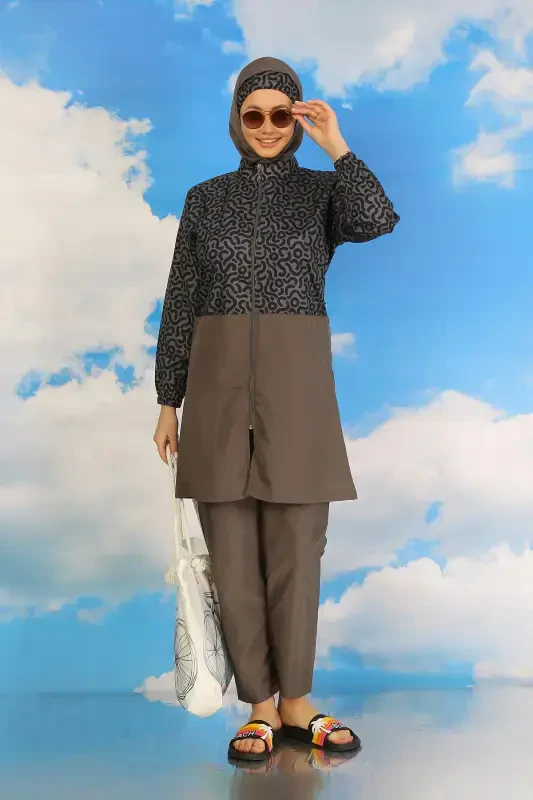 Akbeniz Kadın Pantolonlu Desenli Tam Tesettür Mayo Füme 31074 - 2