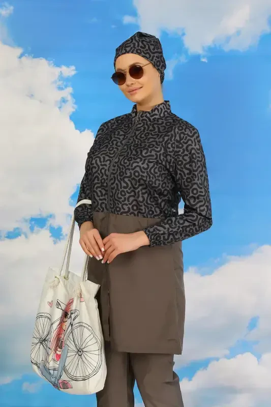 Akbeniz Kadın Pantolonlu Desenli Tam Tesettür Mayo Füme 31074 - 3