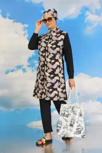 Akbeniz Kadın Pantolonlu Desenli Tam Tesettür Mayo Lacivert 31070 - 4