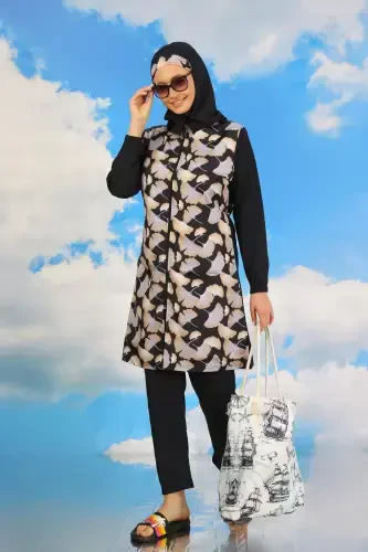 Akbeniz Kadın Pantolonlu Desenli Tam Tesettür Mayo Lacivert 31070 - 7