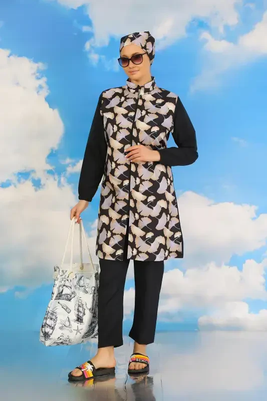 Akbeniz Kadın Pantolonlu Desenli Tam Tesettür Mayo Lacivert 31070 - 8