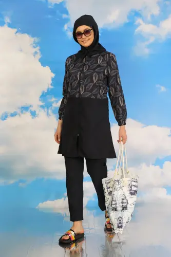 Akbeniz Kadın Pantolonlu Desenli Tam Tesettür Mayo Lacivert 31075 - 5