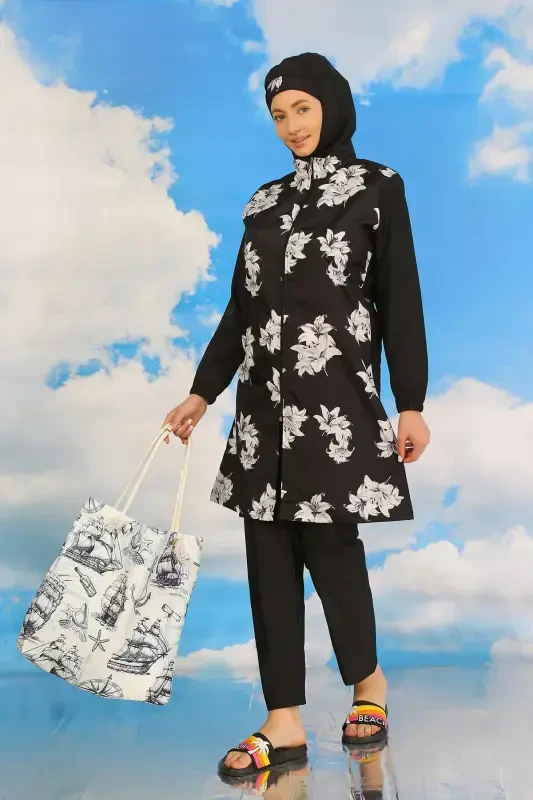 Akbeniz Kadın Pantolonlu Desenli Tam Tesettür Mayo Siyah 31070 - 3