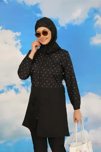 Akbeniz Kadın Pantolonlu Desenli Tam Tesettür Mayo Siyah 31074 - AKBENIZ (1)