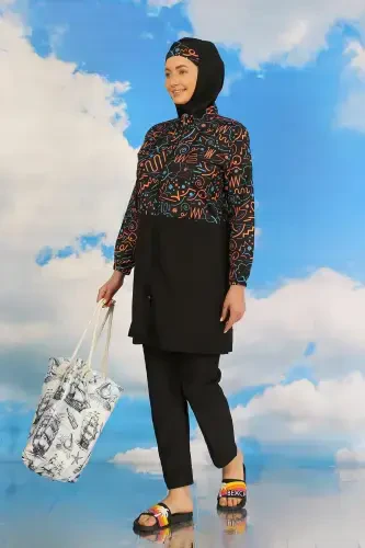 Akbeniz Kadın Pantolonlu Desenli Tam Tesettür Mayo Siyah 31075 - 4