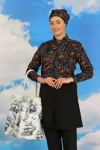 Akbeniz Kadın Pantolonlu Desenli Tam Tesettür Mayo Siyah 31075 - 7