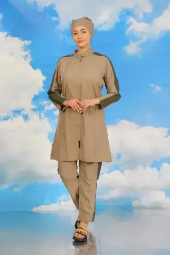 Akbeniz Kadın Pantolonlu Kolu Şeritli Tam Tesettür Mayo Bej 31065 - 5
