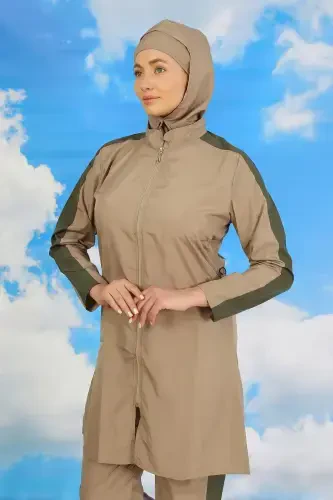 Akbeniz Kadın Pantolonlu Kolu Şeritli Tam Tesettür Mayo Bej 31065 - 6