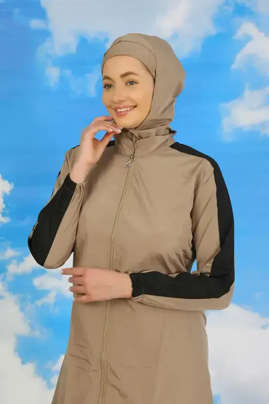 Akbeniz Kadın Pantolonlu Kolu Şeritli Tam Tesettür Mayo Bej 31066 - 4