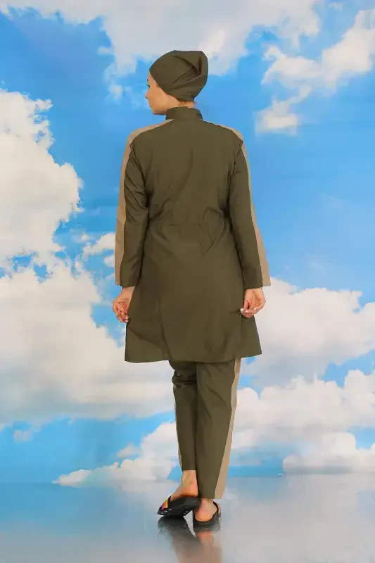 Akbeniz Kadın Pantolonlu Kolu Şeritli Tam Tesettür Mayo Haki 31065 - 5