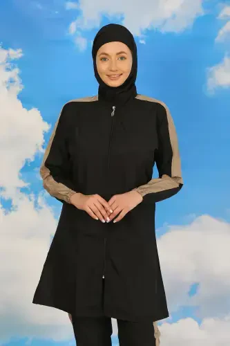 Akbeniz Kadın Pantolonlu Kolu Şeritli Tam Tesettür Mayo Siyah 31065 - 4