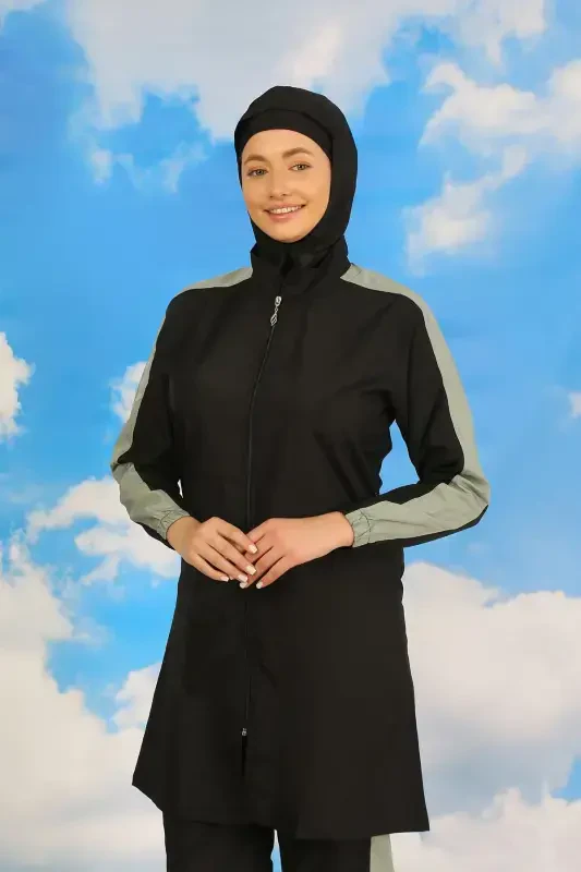 Akbeniz Kadın Pantolonlu Kolu Şeritli Tam Tesettür Mayo Siyah 31066 - 1