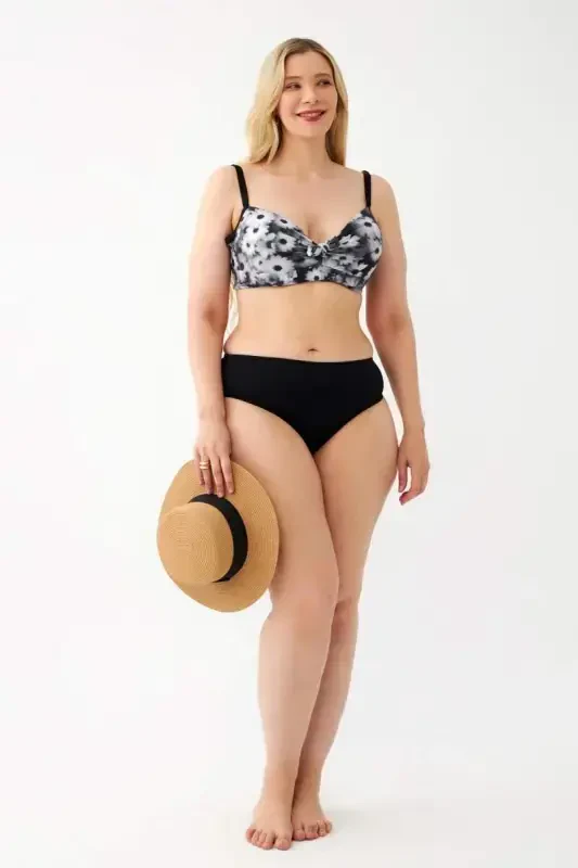 Akbeniz Kadın Papatya Desenli Gri Büyük Beden Bikini Takımı - BÜYÜKBEDENIZ