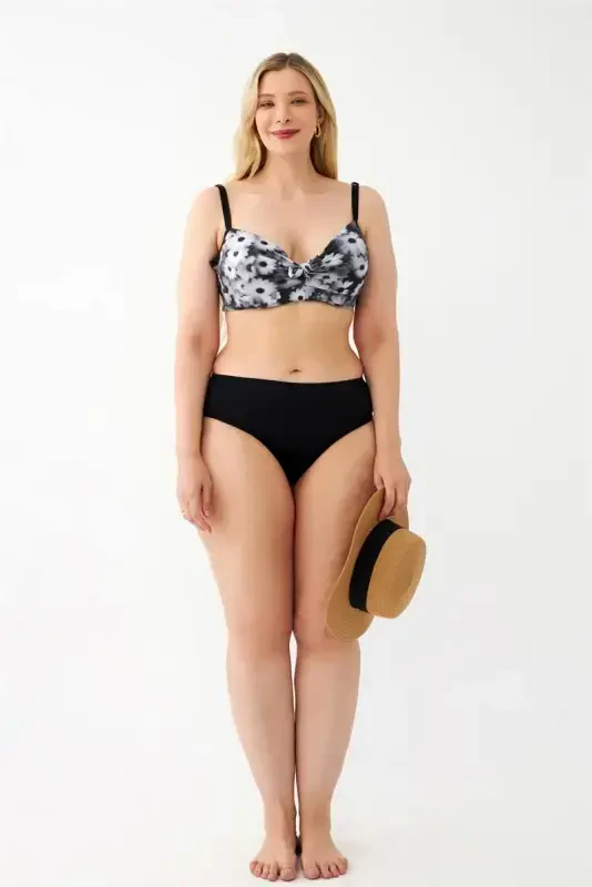 Akbeniz Kadın Papatya Desenli Gri Büyük Beden Bikini Takımı - 2