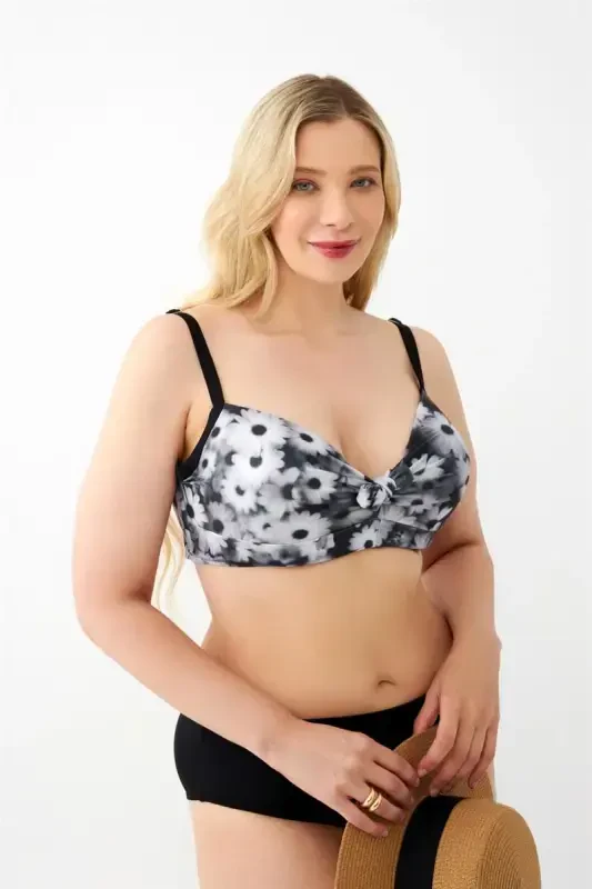 Akbeniz Kadın Papatya Desenli Gri Büyük Beden Bikini Takımı - 3