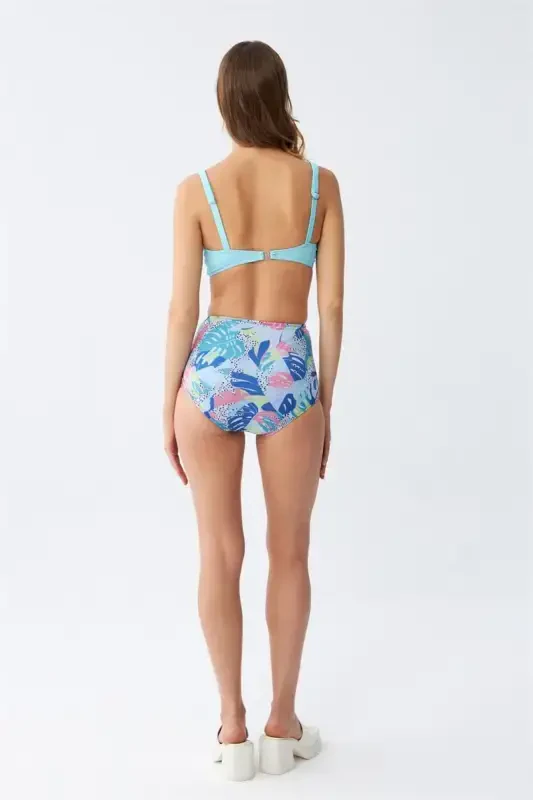 Akbeniz Kadın Pedli Üst Tropik Desenli Yüksek Bel Bikini Takımı - Buz Mavisi - 5