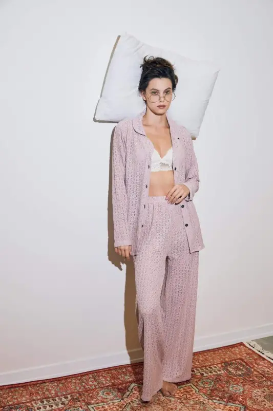 Akbeniz Kadın Pembe Önden Düğmeli Rahat Kesim Pijama Takımı - 1