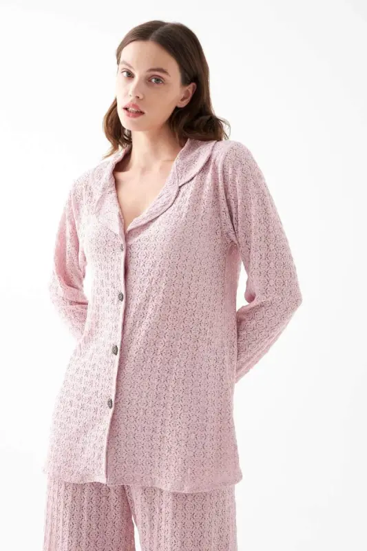 Akbeniz Kadın Pembe Önden Düğmeli Rahat Kesim Pijama Takımı - 4