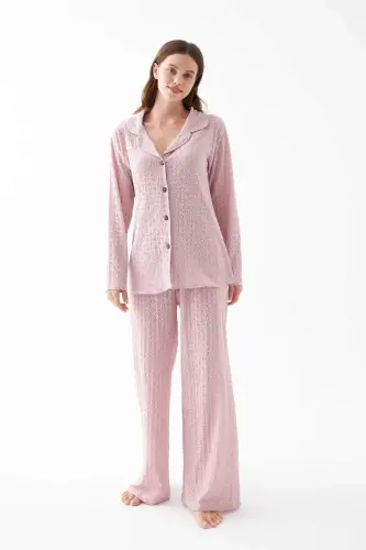 Akbeniz Kadın Pembe Önden Düğmeli Rahat Kesim Pijama Takımı - 5