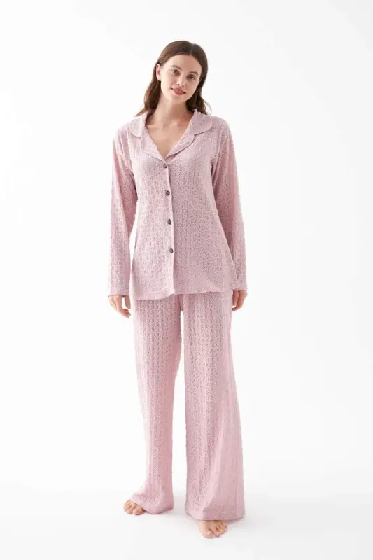 Kadın Pembe Önden Düğmeli Rahat Kesim Pijama Takımı - 5