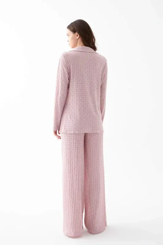 Kadın Pembe Önden Düğmeli Rahat Kesim Pijama Takımı - 6