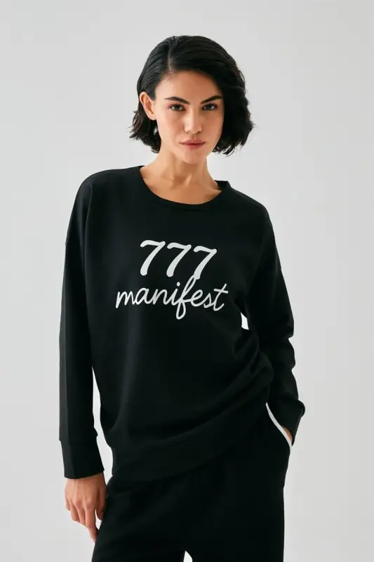 Akbeniz Kadın Siyah 777 Manifest Oversize 2 İplik Eşofman Ev Giyim Takımı - 2