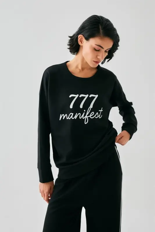 Akbeniz Kadın Siyah 777 Manifest Oversize 2 İplik Eşofman Ev Giyim Takımı - 4