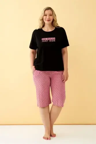 Akbeniz Kadın Siyah “No Rules Just Ride” Yazılı Büyük Beden Kapri Pijama Takımı - 2