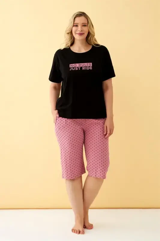 Akbeniz Kadın Siyah “No Rules Just Ride” Yazılı Büyük Beden Kapri Pijama Takımı - 2