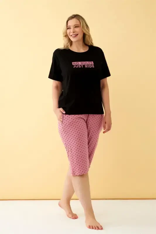 Akbeniz Kadın Siyah “No Rules Just Ride” Yazılı Büyük Beden Kapri Pijama Takımı - 3
