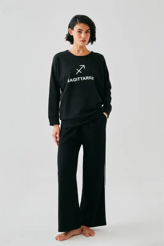 Akbeniz Kadın Siyah Yay Burcu Oversize 2 İplik Eşofman Ev Giyim Takımı - 2