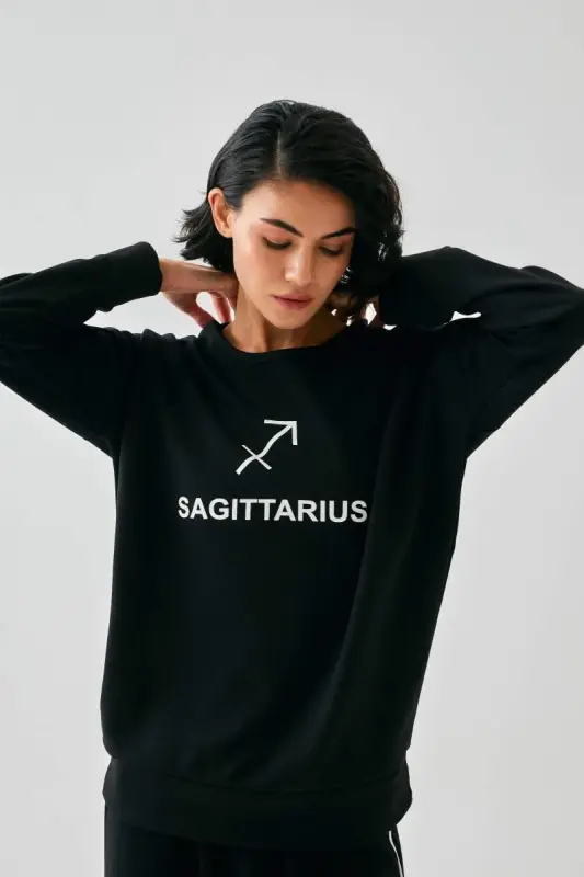 Angelino Kadın Siyah Yay Burcu Oversize 2 İplik Eşofman Ev Giyim Takımı - 3