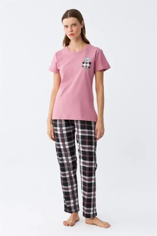 Akbeniz Kadın Somon Ayıcık Baskılı Ekoseli Penye Pijama Takımı - 4