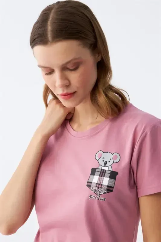 Akbeniz Kadın Somon Ayıcık Baskılı Ekoseli Penye Pijama Takımı - 6