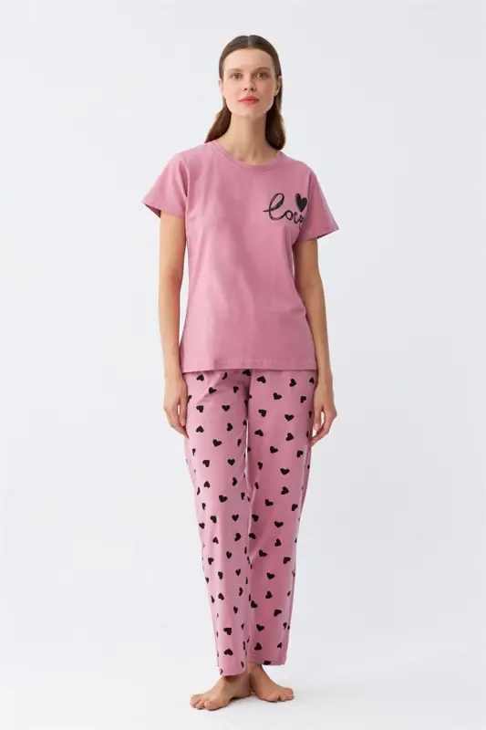 Akbeniz Kadın Somon Kalp Desenli Kısa Kollu Penye Pijama Takımı - 2