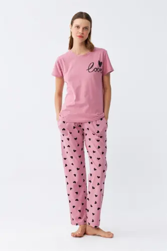 Akbeniz Kadın Somon Kalp Desenli Kısa Kollu Penye Pijama Takımı - 5