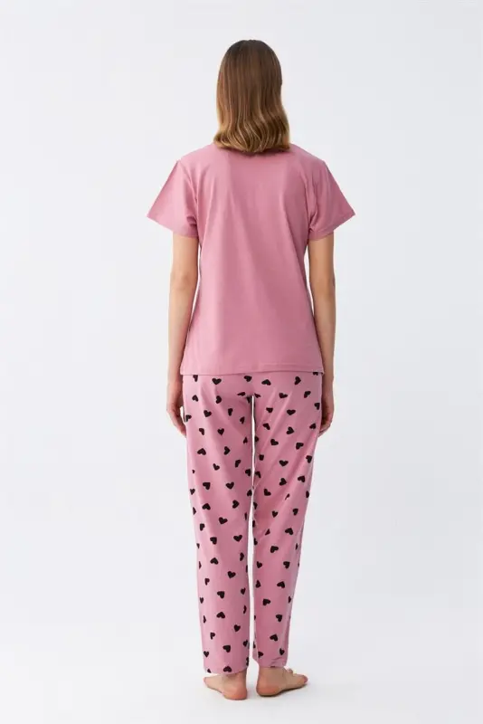 Akbeniz Kadın Somon Kalp Desenli Kısa Kollu Penye Pijama Takımı - 7