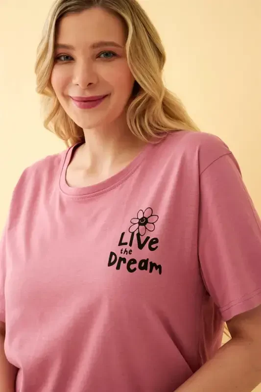 Akbeniz Kadın Somon “Live the Dream” Yazılı Büyük Beden Kapri Pijama Takımı - 2