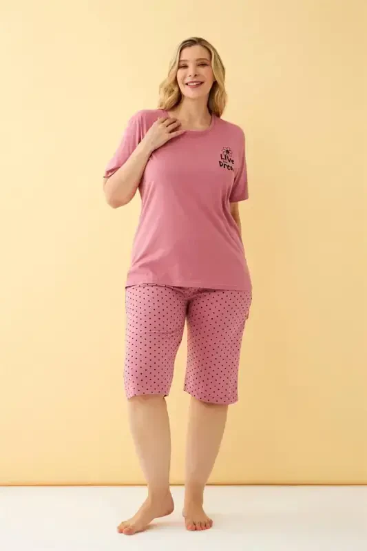 Akbeniz Kadın Somon “Live the Dream” Yazılı Büyük Beden Kapri Pijama Takımı - 4