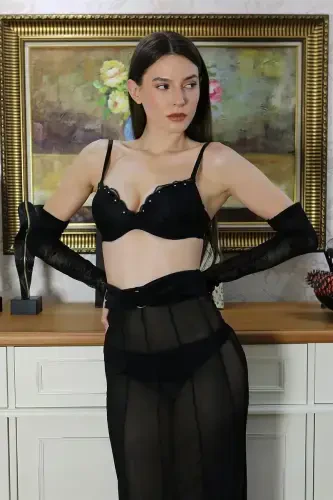 Akbeniz Kadın Taş Detaylı Sütyen Takım 3304 Siyah - 5