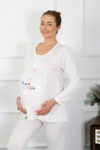 Akbeniz Kadın Uzun Kol Hamile Lohusa Pijama Takımı Ekru 45501 - 4