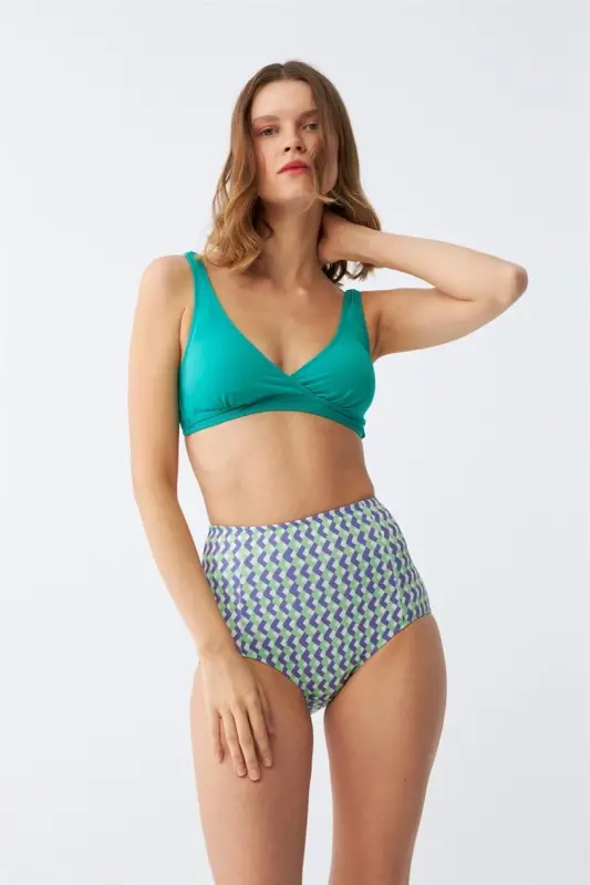 Akbeniz Kadın Yeşil Pedli Geometrik Desenli Yüksek Bel Bikini Takımı - 1