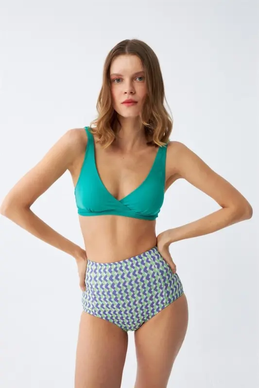 Akbeniz Kadın Yeşil Pedli Geometrik Desenli Yüksek Bel Bikini Takımı - 5
