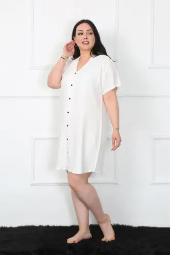 Akbeniz Katta Bezi Tugmachali Oq Tunika Kechki Ko'ylak 1022 - 1