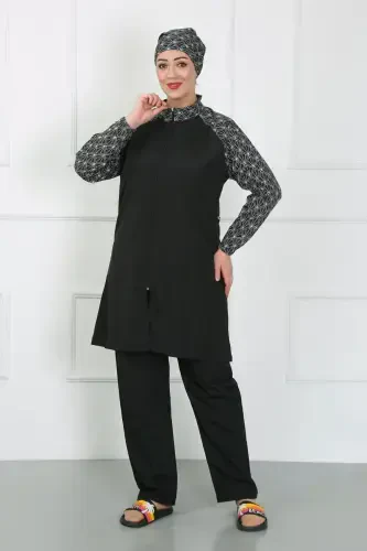 Akbeniz Katta Hajmli Naqshli Hijob Mayosi Qora 44030 - 1