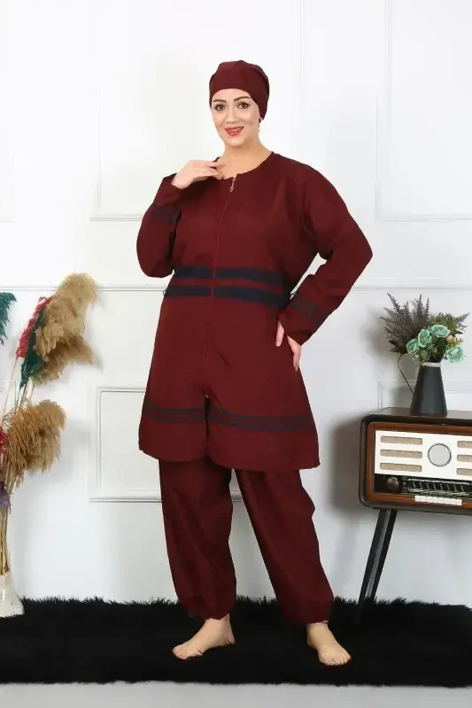 Akbeniz Katta Hajmli Tesettür Mayo 7XL-8XL-9XL-10XL Bordo 55010 - 3