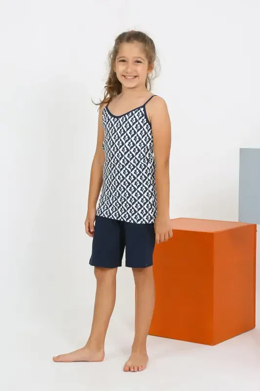 Akbeniz Kız Çocuk İp Askılı Şortlu Penye Lacivert Pijama Takım 20430 - 1