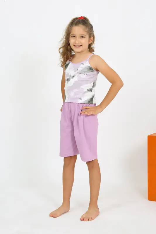 Akbeniz Kız Çocuk İp Askılı Şortlu Penye Lila Pijama Takım 20430 - 1